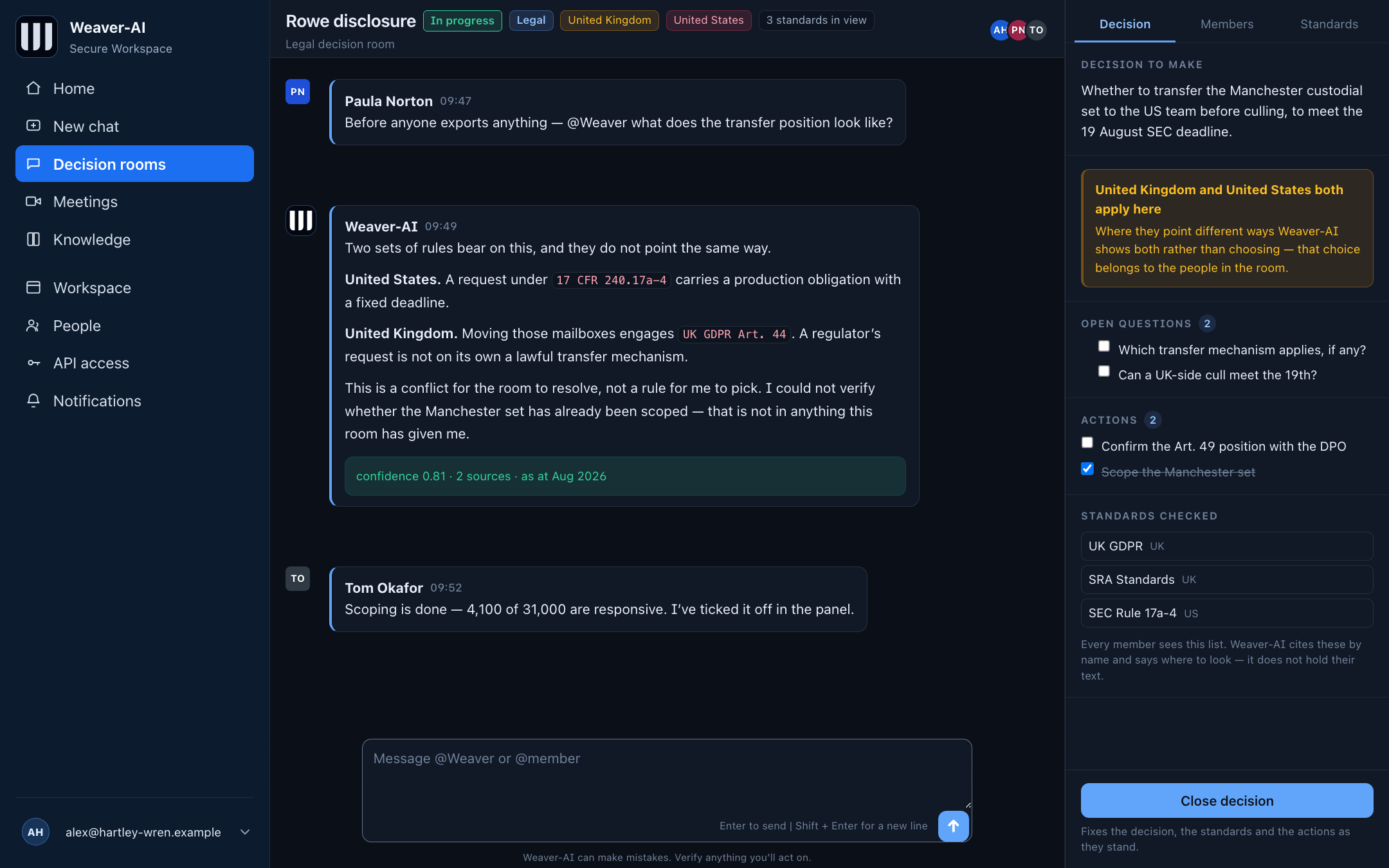 The same decision room in the dark theme, with the same title row, the same answer from Weaver-AI and the same decision panel.
