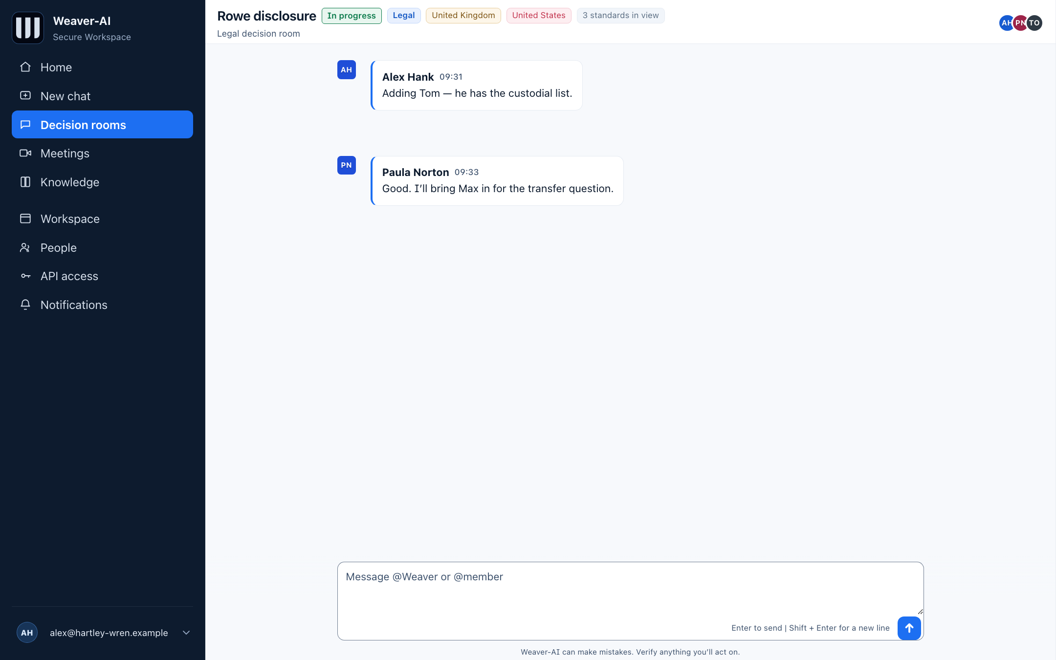 The Members tab of a decision room panel. Three people are in the room with their roles and addresses: Alex Hank as owner, Paula Norton and Tom Okafor as members. Below, Add people lists two more with one ticked, a Join as selector set to Member, and an Invite button.
