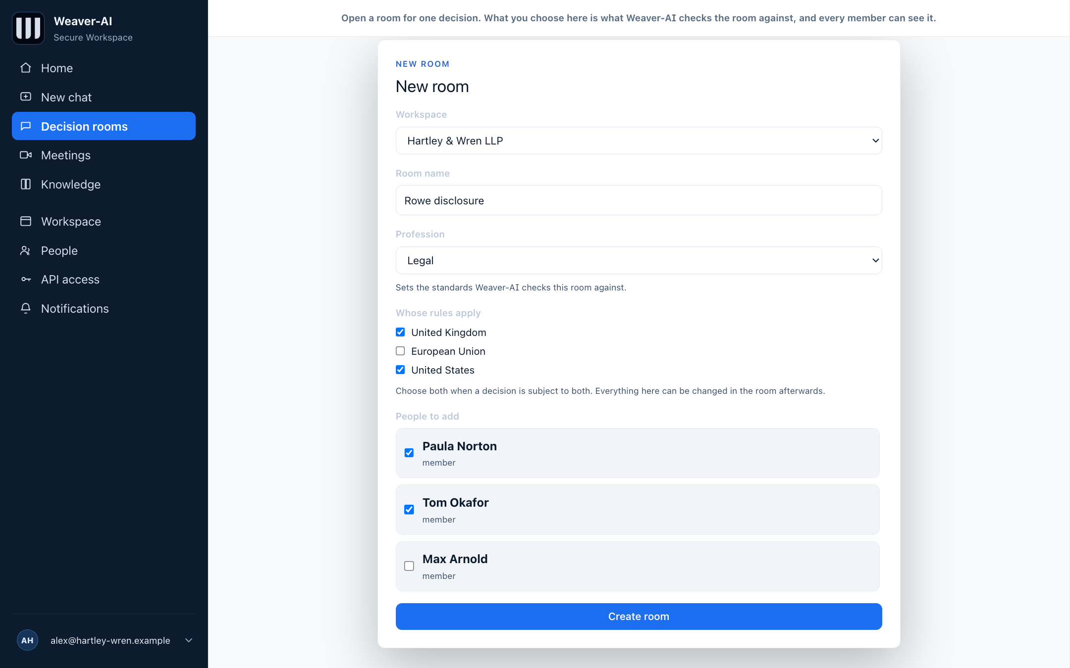 The New room screen. A form with the workspace, a room name of Rowe disclosure, a profession set to Legal, and checkboxes for whose rules apply with United Kingdom and United States ticked. Below, a list of people to add with two of three ticked, and a Create room button.